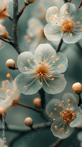 Delicate White Floral Blooms on a Spring Tree Branch photo