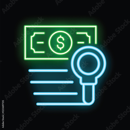 Glowing neon icon representing the concept of financial audit with a magnifying glass inspecting a document and a dollar bill