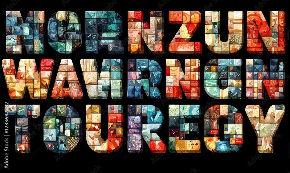 Fototapeta premium A colorful collage of images forming stylized text, showcasing creativity and visual art.