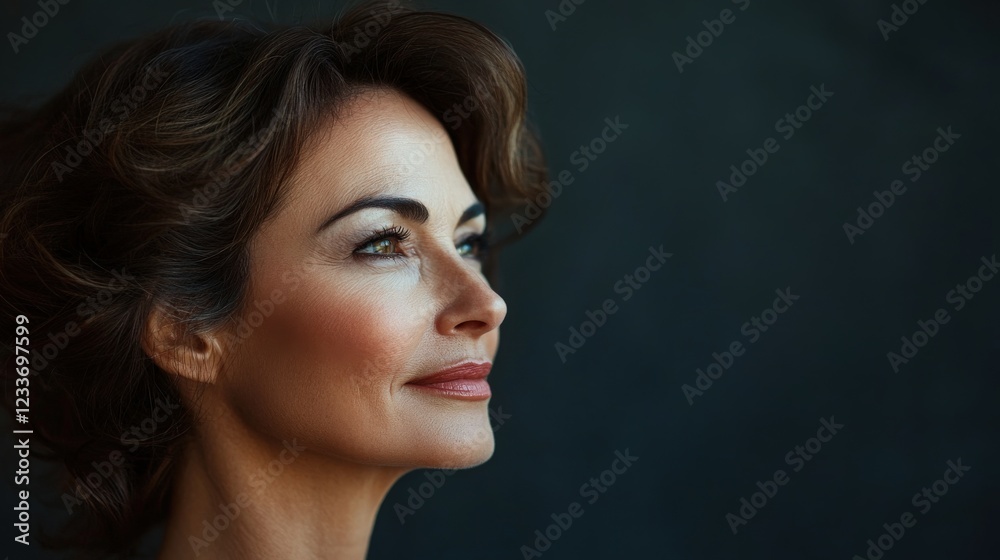 Naklejka premium A woman with a graceful, sophisticated hairdo, her skin subtly showing signs of aging, but beautifully enhanced by renewal treatments, celebrating the harmony of youthful elegance 