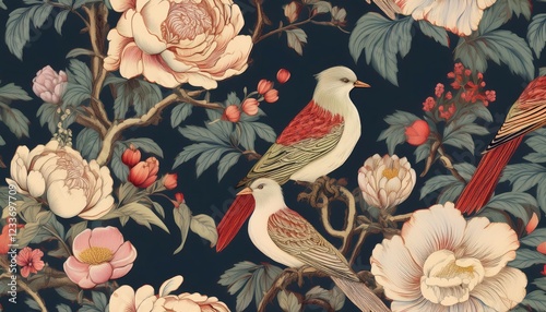 Wallpaper Mural Elegant Vintage Botanical Rose Garden, Enchanting Chinese Birds Amidst a Floral Patterned Seamless Landscape, Evoking a Dreamy and Timeless Atmosphere. Torontodigital.ca