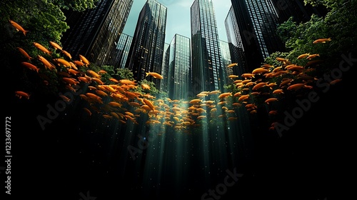Fototapeta Naklejka Na Ścianę i Meble -  Urban jungle Fish swim beneath skyscrapers, sunlight streams down.  Environmental concept