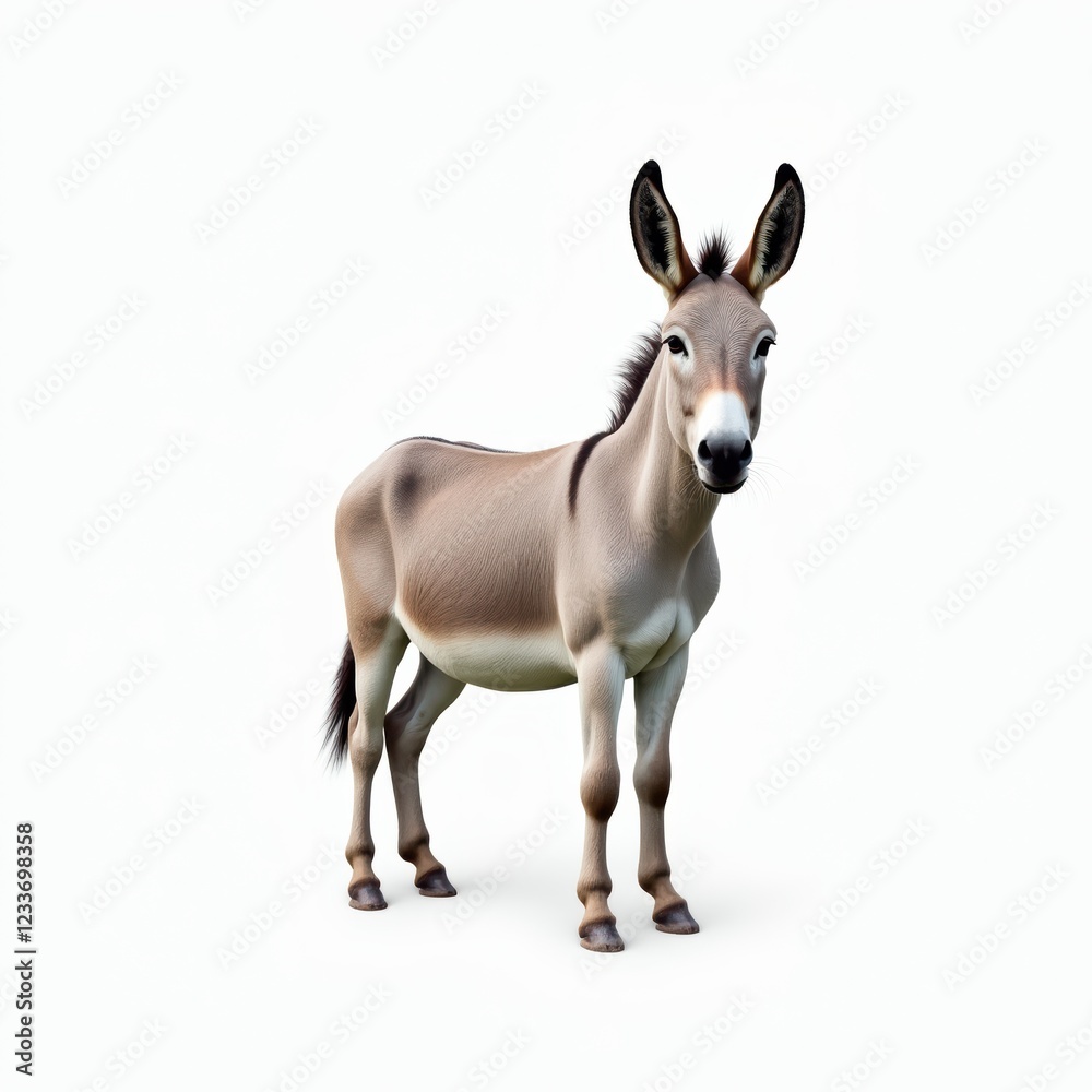 A Realistic and Lifelike Representation of a Donkey Standing in a Minimalistic White Background A Realistic and Lifelike Representation of a Donkey Standing in a Minimalistic White Background