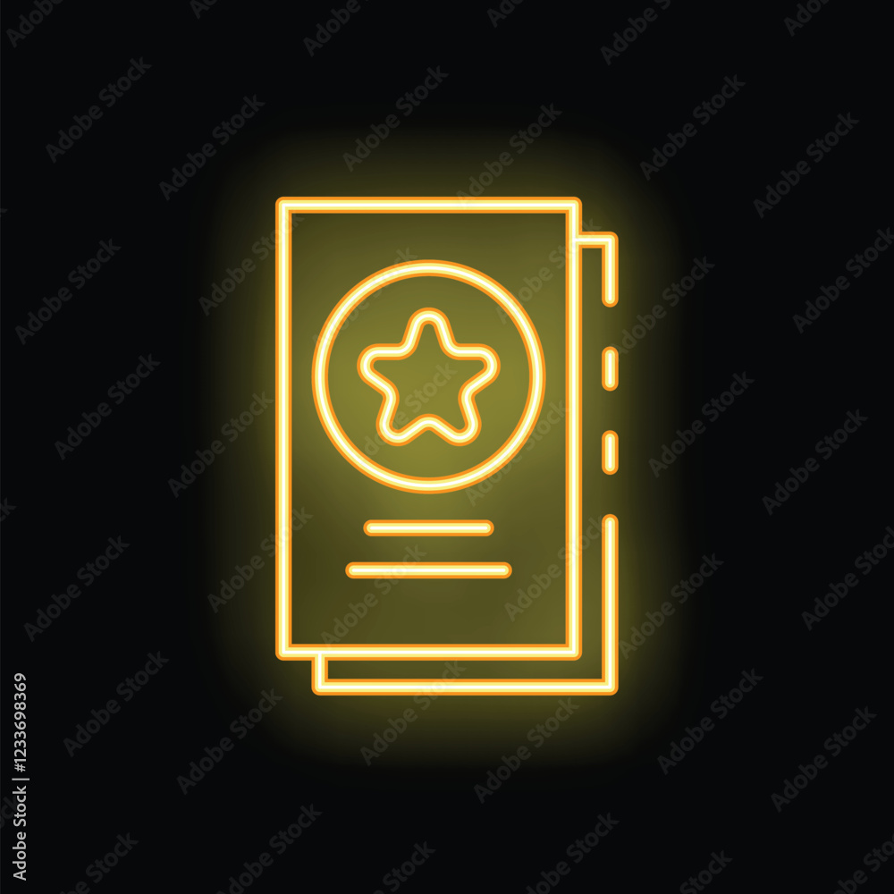 Glowing yellow neon icon of documents with star sign on black background, representing the concept of vip access Glowing yellow neon icon of documents with star sign on black background, representing the concept of vip access