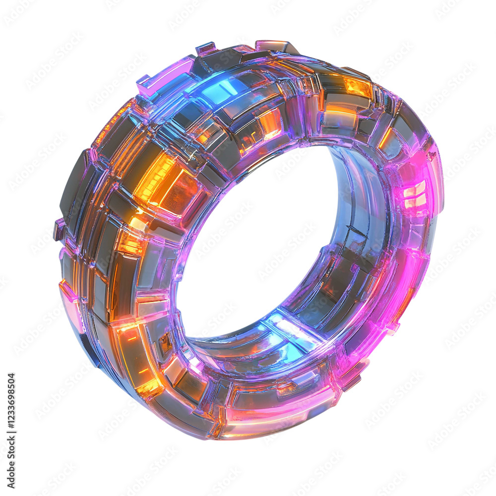 Futuristic Ring of Glassy Geometric Sections a transparent background.