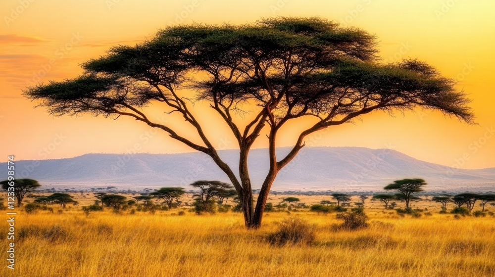 Golden sunset over African savanna with acacia tree. Golden sunset over African savanna with acacia tree.