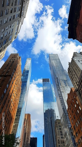 Vista desde abajo de rascacielos modernos y edificios históricos bajo un cielo azul con nubes blancas photo