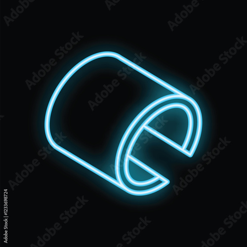 Blue neon sign style illustration of a metal pipe being cut diagonally, glowing against a black background