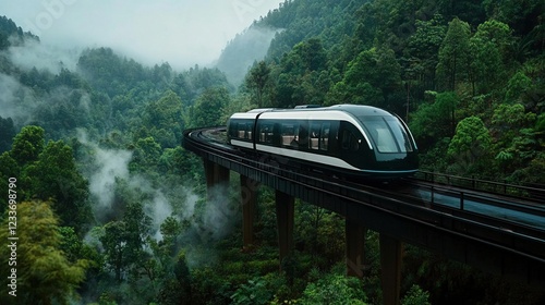 Tren futurista cruzando un puente elevado en medio de un bosque verde y neblinoso photo