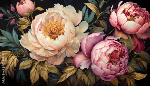 Fototapeta Naklejka Na Ścianę i Meble -  Exquisite Baroquestyle Vintage Peonies Bouquet Against a Dark Backdrop A Timeless, Opulent Display of Gorgeous, Velvety Petals in an Old Fashioned Setting.