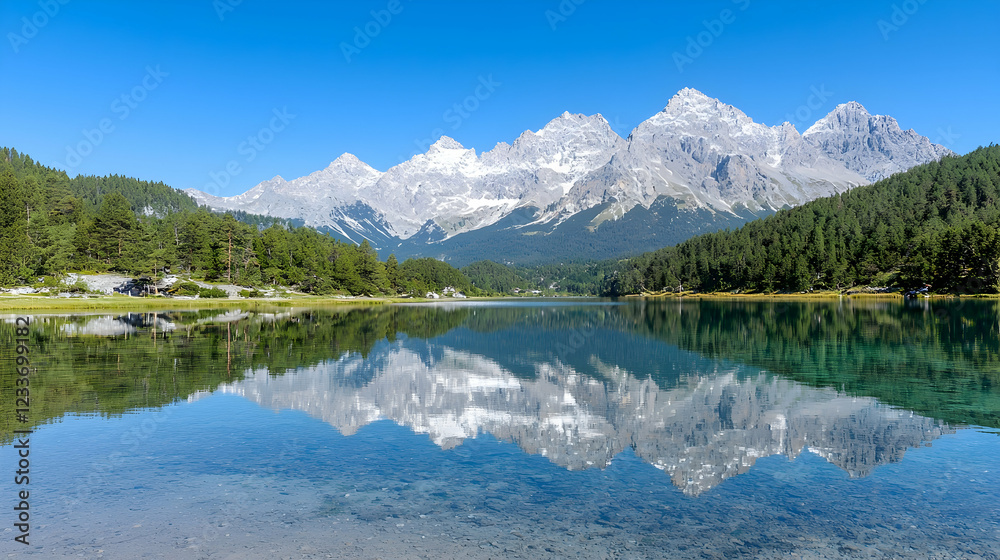 Fototapeta premium Mountain lake reflection, summer Alps scenery, calm water, postcard view