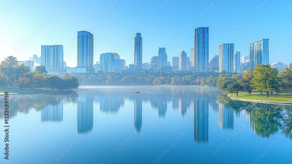Obraz premium Serene Austin Skyline Reflected in Lady Bird Lake at Dawn