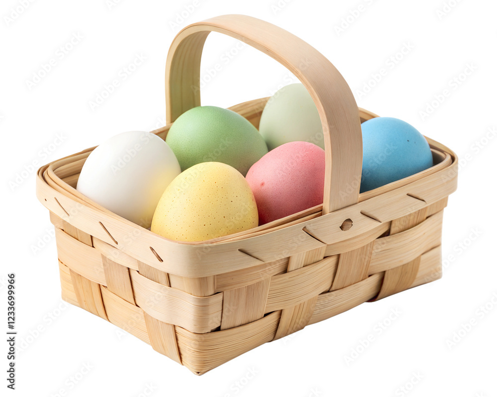 Naklejka premium A small, natural woven basket filled with colorful pastel Easter eggs in shades of green, pink, yellow, blue, and white, isolated on white background. Perfect for Easter celebrations