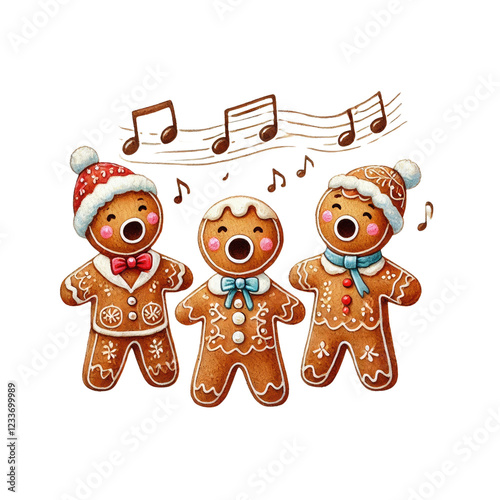 Adorable gingerbread cookies singing joyfully, perfect for holiday themes and festive designs. photo