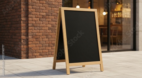 A wooden-framed blank chalkboard sign stands on a tiled sidewalk outside a café, with a brick wall and a glass storefront in the background.