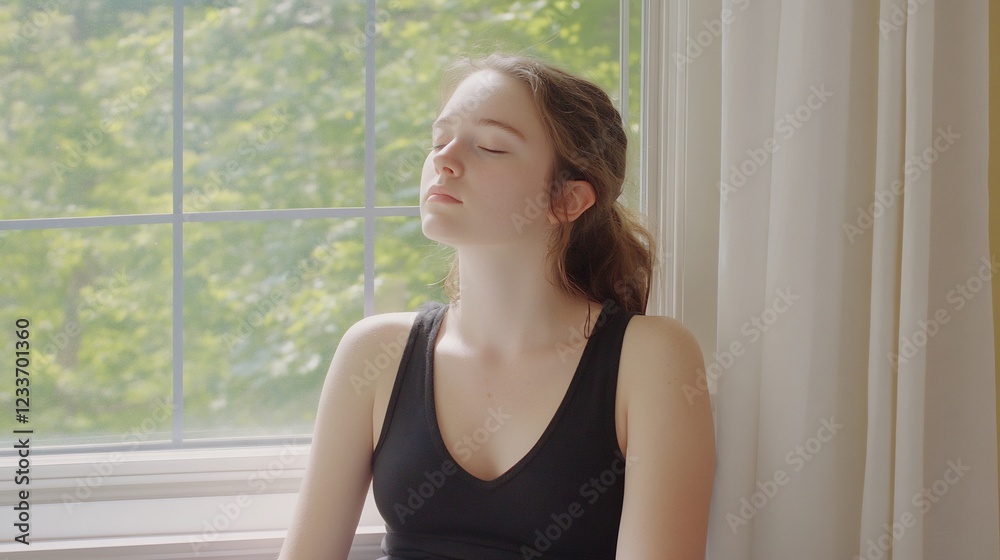 Teen girl meditating near window, sunlight, green trees Teen girl meditating near window, sunlight, green trees
