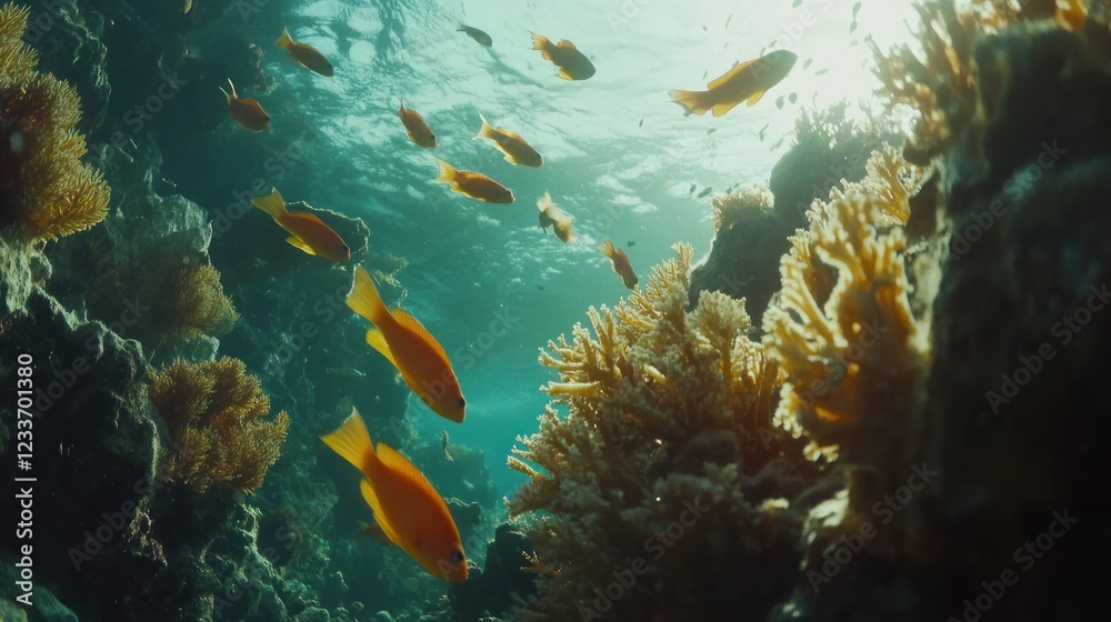 Naklejka premium Underwater scene of vibrant coral reef with orange fish swimming.