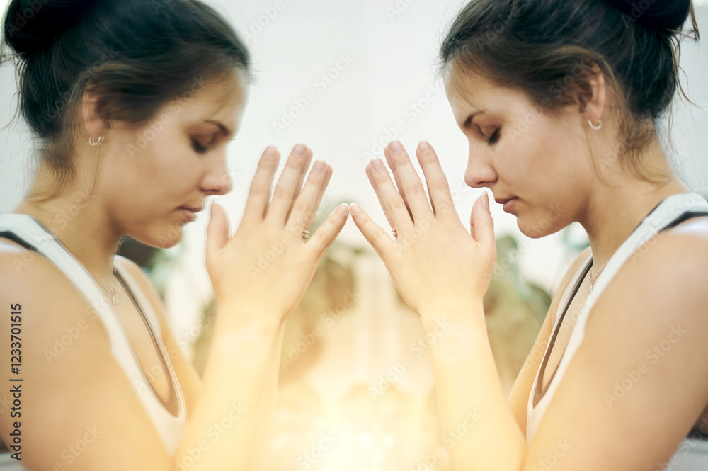 Yoga meditation peace, face and woman meditate for spiritual mental health, chakra energy balance or soul aura healing. Reiki profile, freedom and zen girl relax for mindfulness, mindset or wellness Yoga meditation peace, face and woman meditate for spiritual mental health, chakra energy balance or soul aura healing. Reiki profile, freedom and zen girl relax for mindfulness, mindset or wellness