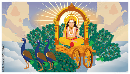 Lord Kartikeya on Divine Chariot with Peacocks