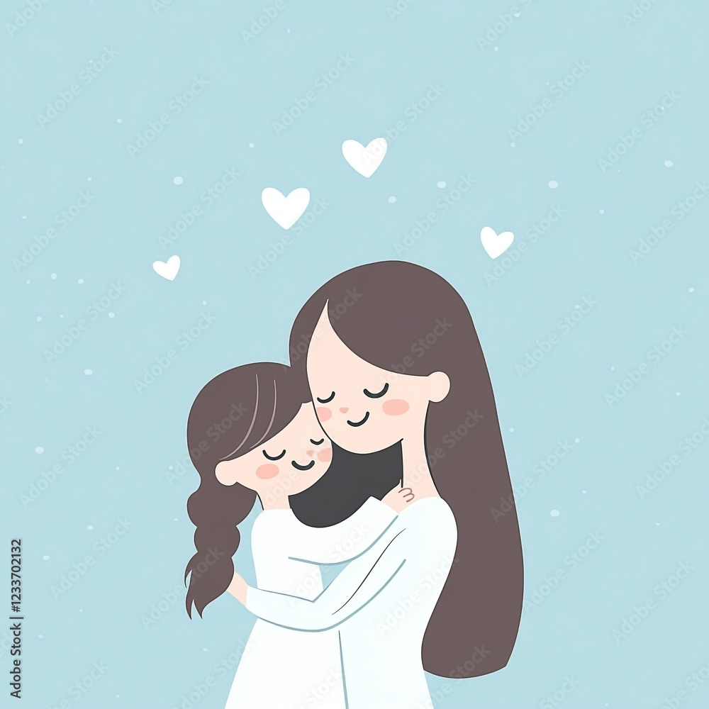 A sweet tender moment of a mother hugging her daughter in a simple vector illustration A sweet tender moment of a mother hugging her daughter in a simple vector illustration