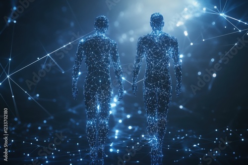 Two humanlike figures in a tech-enhanced environment, with glowing digital connections extending between them, symbolizing the power of virtual collaboration and seamless interaction in a futuristic d