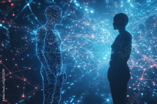 Two humanlike figures in a tech-enhanced environment, with glowing digital connections extending between them, symbolizing the power of virtual collaboration and seamless interaction in a futuristic d