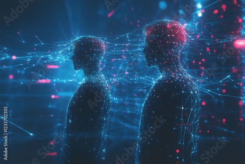 Two humanlike figures in a tech-enhanced environment, with glowing digital connections extending between them, symbolizing the power of virtual collaboration and seamless interaction in a futuristic d