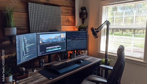 Modern video editing workstation with triple monitor setup