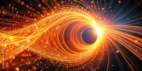 Vibrant orange particles swirl in a mesmerizing dance around an optical fiber core, evoking a sense of dynamic energy and technological innovation , vibrant, orange
