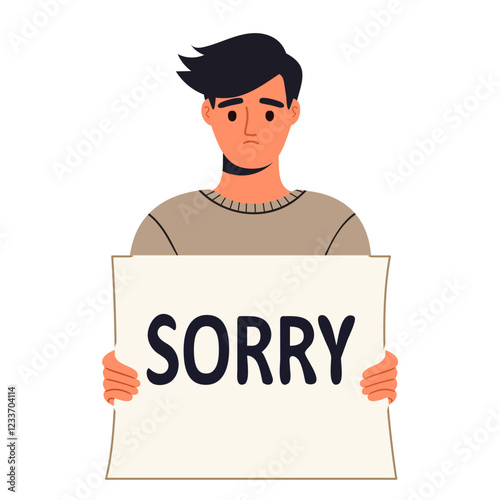 A young man, dressed in casual clothes, holding sign saying SORRY. Apologize or say sorry, regret for what happen asking for forgiveness concept. Vector flat illustration isolated on white background