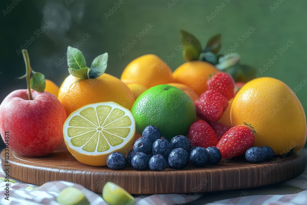 Fresh fruit platter, kitchen setting, steam, healthy eating Fresh fruit platter, kitchen setting, steam, healthy eating