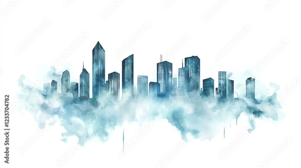 Obraz premium Watercolor skyline illustration featuring modern skyscrapers emerging from mist, showcasing urban development and creativity against a white background.