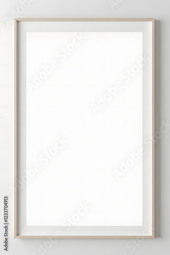 A blank white wooden picture frame hangs on a wall