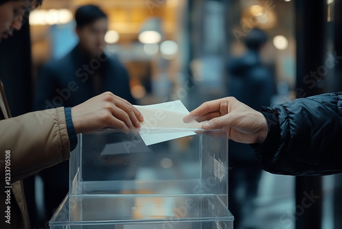 Close up of hands placing a paper ballot into a clear transparent ballot box photo