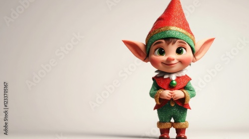 A small, realistic elf wearing bright, festive garments with glittering details, a cheerful expression, and pointy ears, standing isolated on white