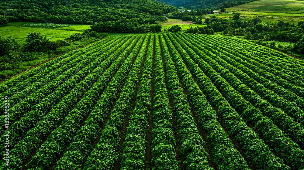 Aerial View of Lush Green Agricultural Fields in Rows Aerial View of Lush Green Agricultural Fields in Rows