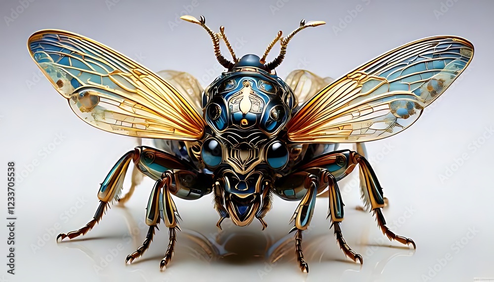 Fototapeta premium A surreal insect-like sculpture with gold and blue accents is shown on a white surface (1)