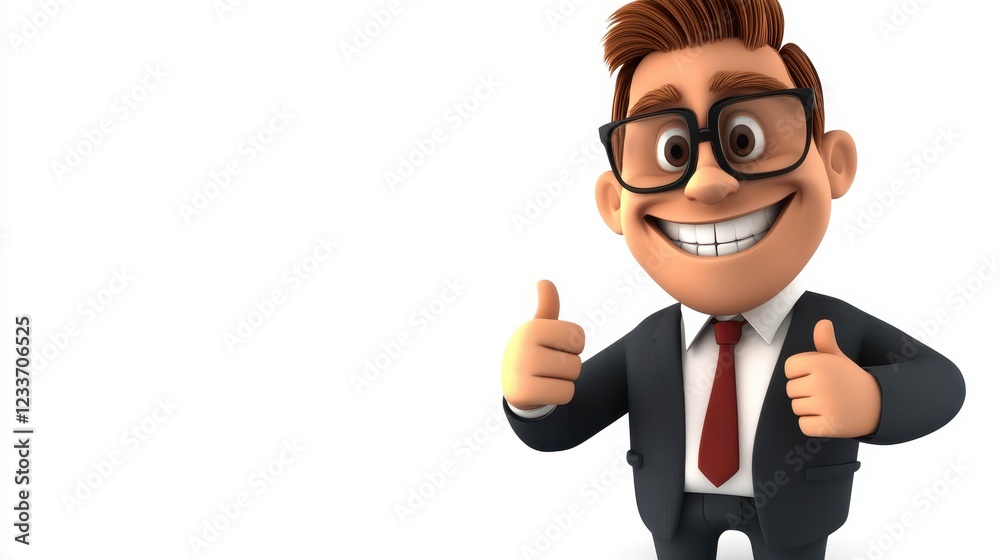 A 3D style cartoon character of a happy adult man, dressed as a successful businessman, is giving a thumbs up gesture with a broad smile. A 3D style cartoon character of a happy adult man, dressed as a successful businessman, is giving a thumbs up gesture with a broad smile.