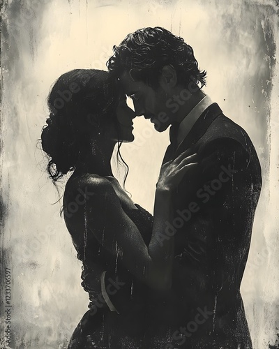 Intimate Silhouette of Romantic Couple Embracing in Dramatic Monochrome Setting