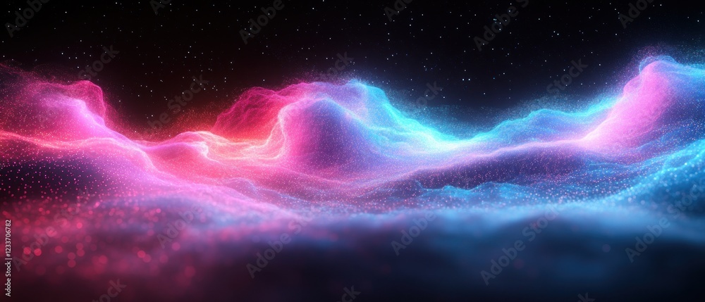 Vibrant abstract landscape with glowing waves and stars Vibrant abstract landscape with glowing waves and stars
