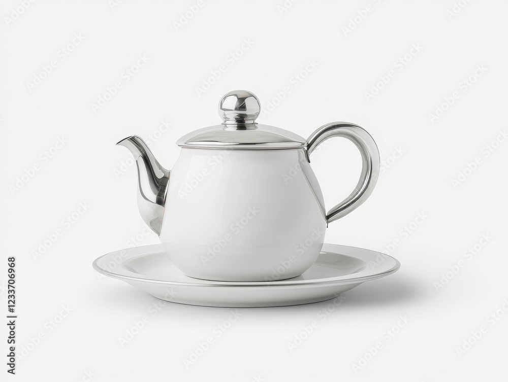 A sleek, white teapot with a silver lid and handle, resting on a matching saucer, exuding elegance and simplicity. A sleek, white teapot with a silver lid and handle, resting on a matching saucer, exuding elegance and simplicity.