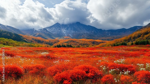A vibrant red and orange landscape with mountainous backdrops under a cloudy sky. -