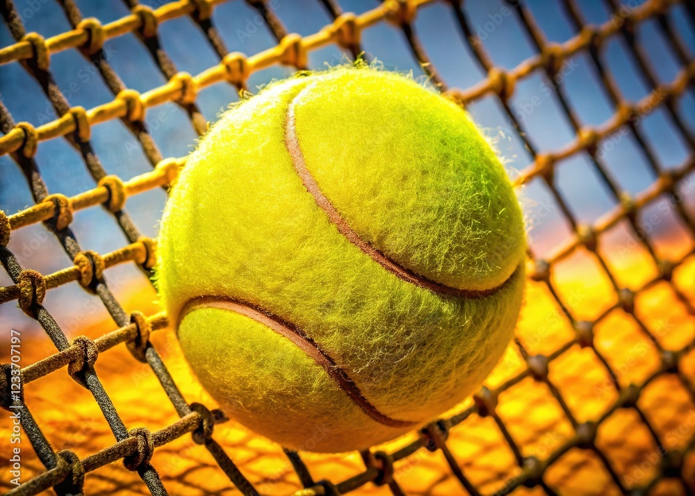 Bright Yellow Tennis Ball Caught in Net's Grip