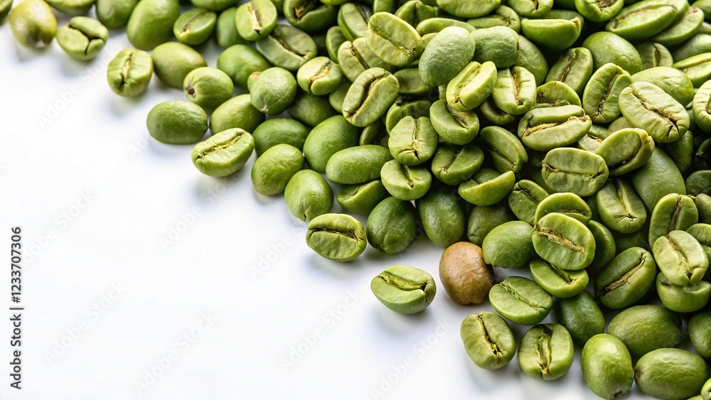 Close-Up of Green Coffee Beans Scattered on a White Surface Close-Up of Green Coffee Beans Scattered on a White Surface