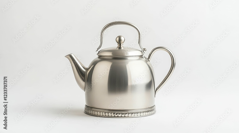 A polished silver kettle with a rounded body and elegant handle, showcasing classic design and craftsmanship against a clean, white background. A polished silver kettle with a rounded body and elegant handle, showcasing classic design and craftsmanship against a clean, white background.