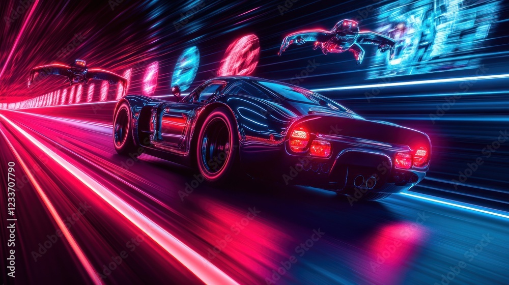 Neon Nights: Futuristic Car Chase Through a Cybernetic Tunnel Neon Nights: Futuristic Car Chase Through a Cybernetic Tunnel