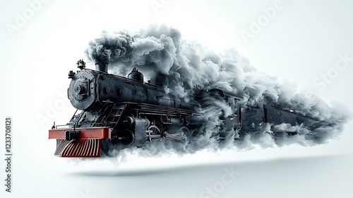 Vintage steam train speeding, smoke billowing, white background, transportation design