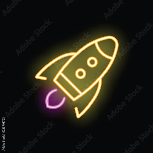 Bright yellow neon rocket ship with purple flames flying through space