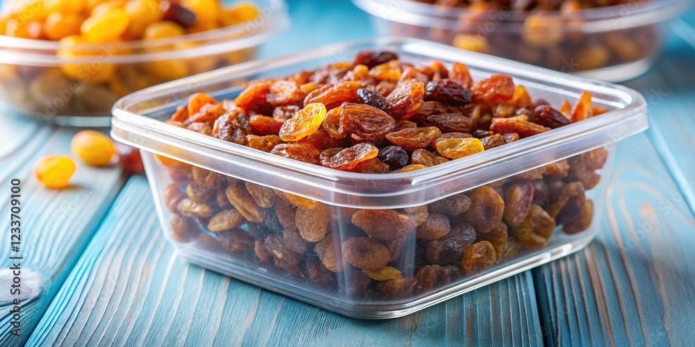 Obraz premium Raisins Stored Safely in a Transparent Plastic Container
