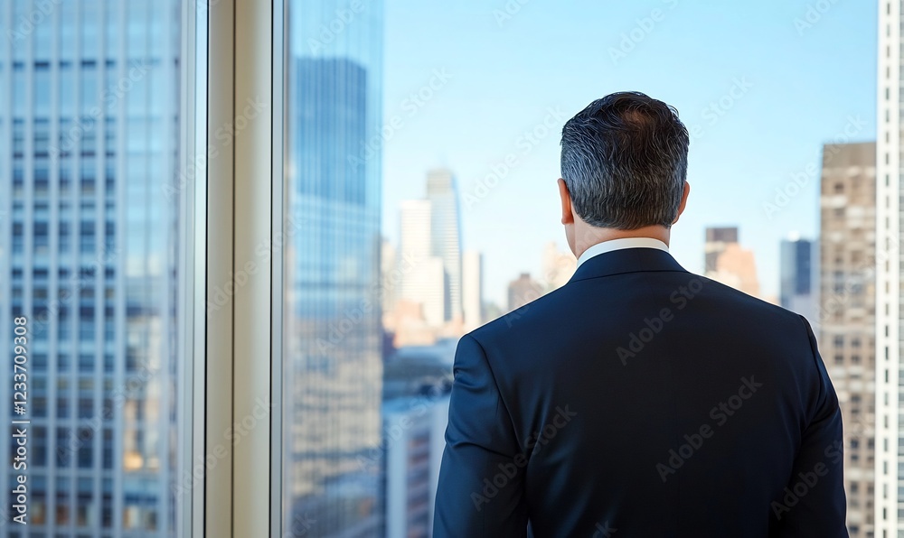 Businessman gazing cityscape, office window view Businessman gazing cityscape, office window view